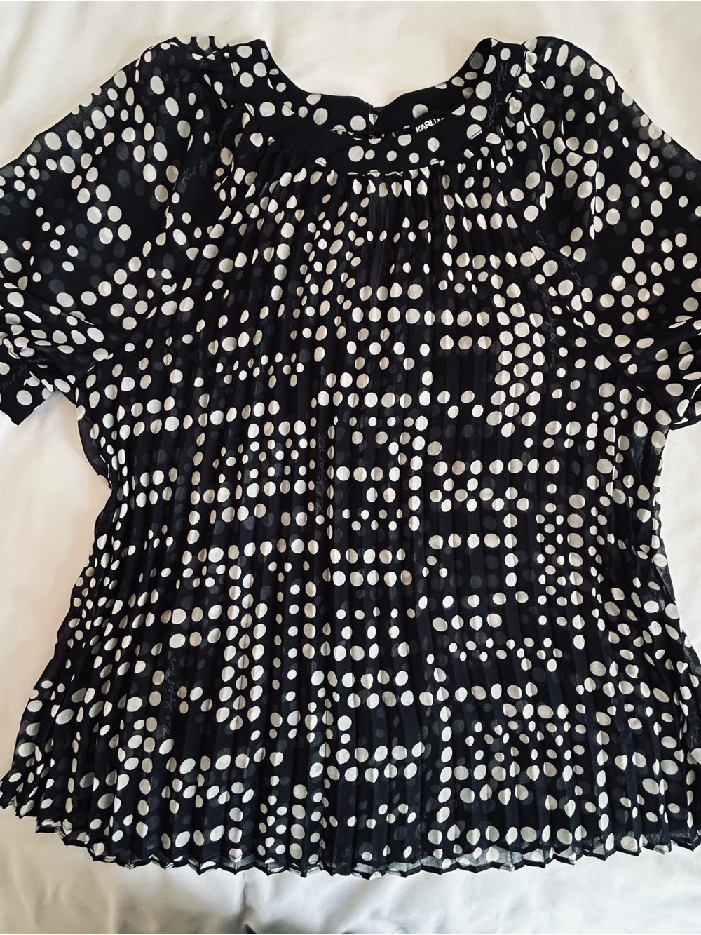 Karl Lagerfeld Black Short-Sleeve Polka Dot Pleated Top